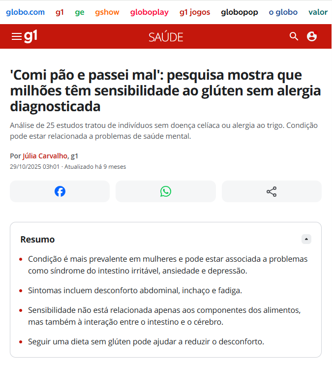 Reportagem do G1 sobre sensibilidade ao glúten